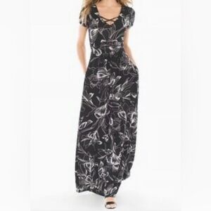 Soma BLISS KNIT Cross Front Maxi Dress in Black and White Floral Size XS